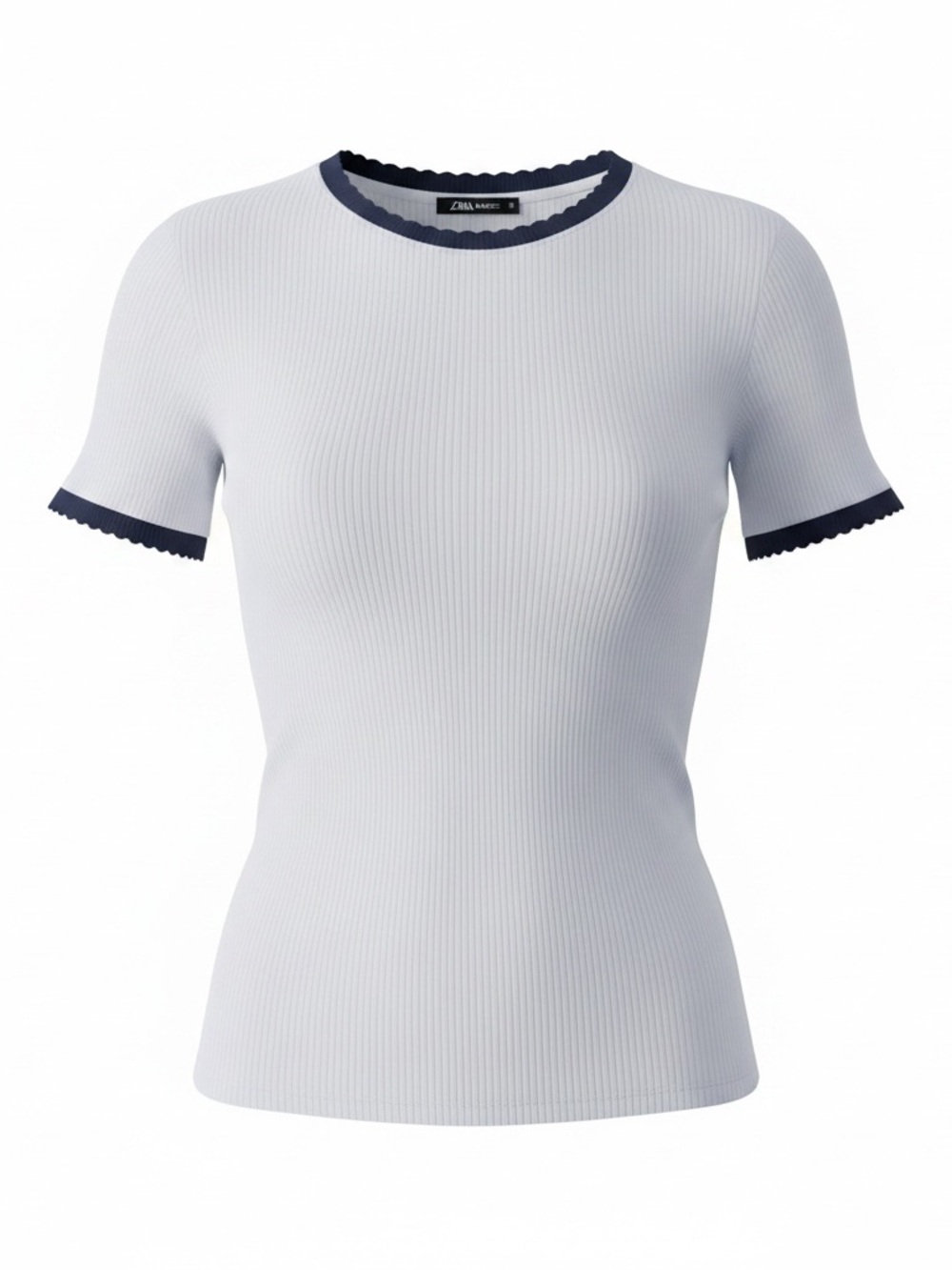 Zara White Ribbed Knit Contrast Trim Short Sleeve Top Size Large